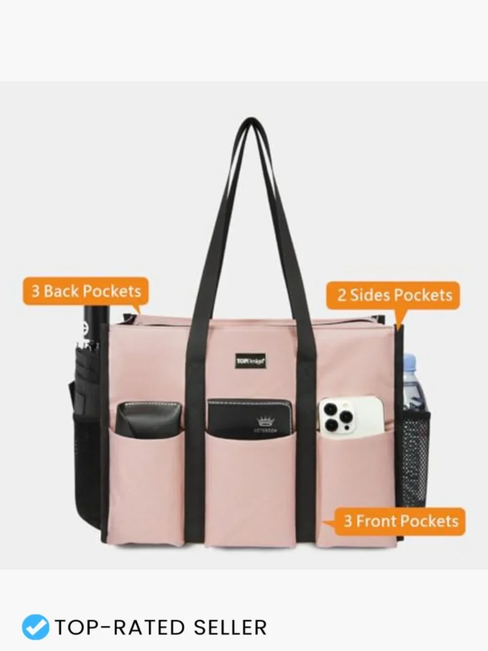 Utility Water Resistant Tote Bag with 13 Pockets, Top Zipper Closure, Thick